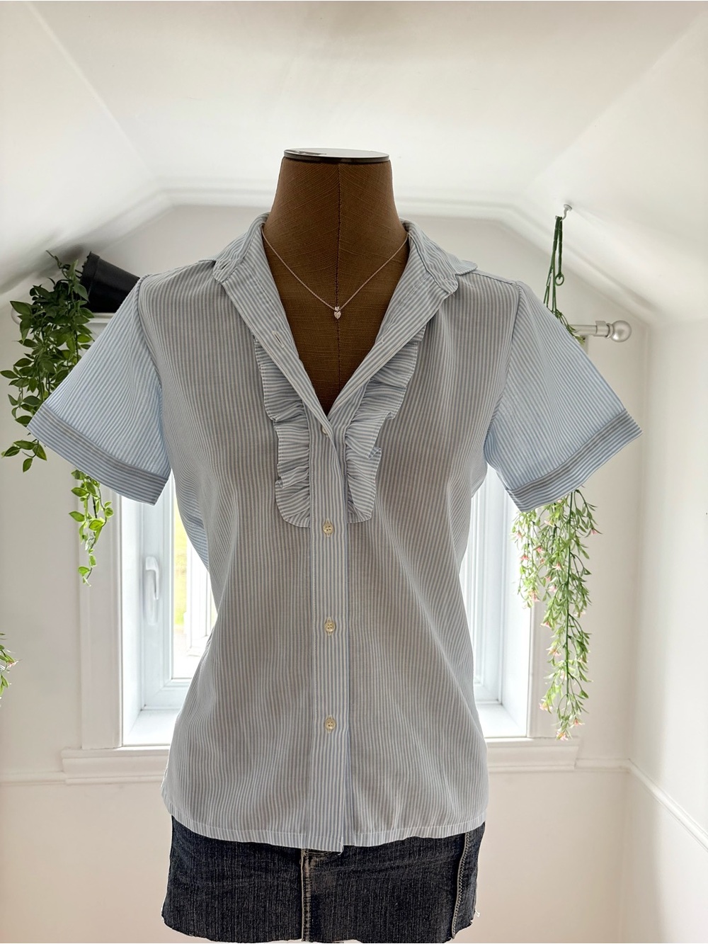 Blue Pinstripe Ruffle-Front Short Sleeve Button Down Top